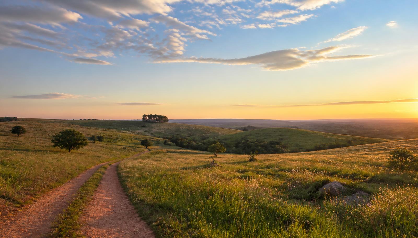 Rolling highveld grassland and country road near Heidelberg, Gauteng at sunset